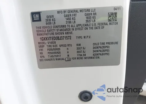 2011 GMC Acadia Denali z USA, uszkodzony, nr VIN 1GKKVTED0BJ371572